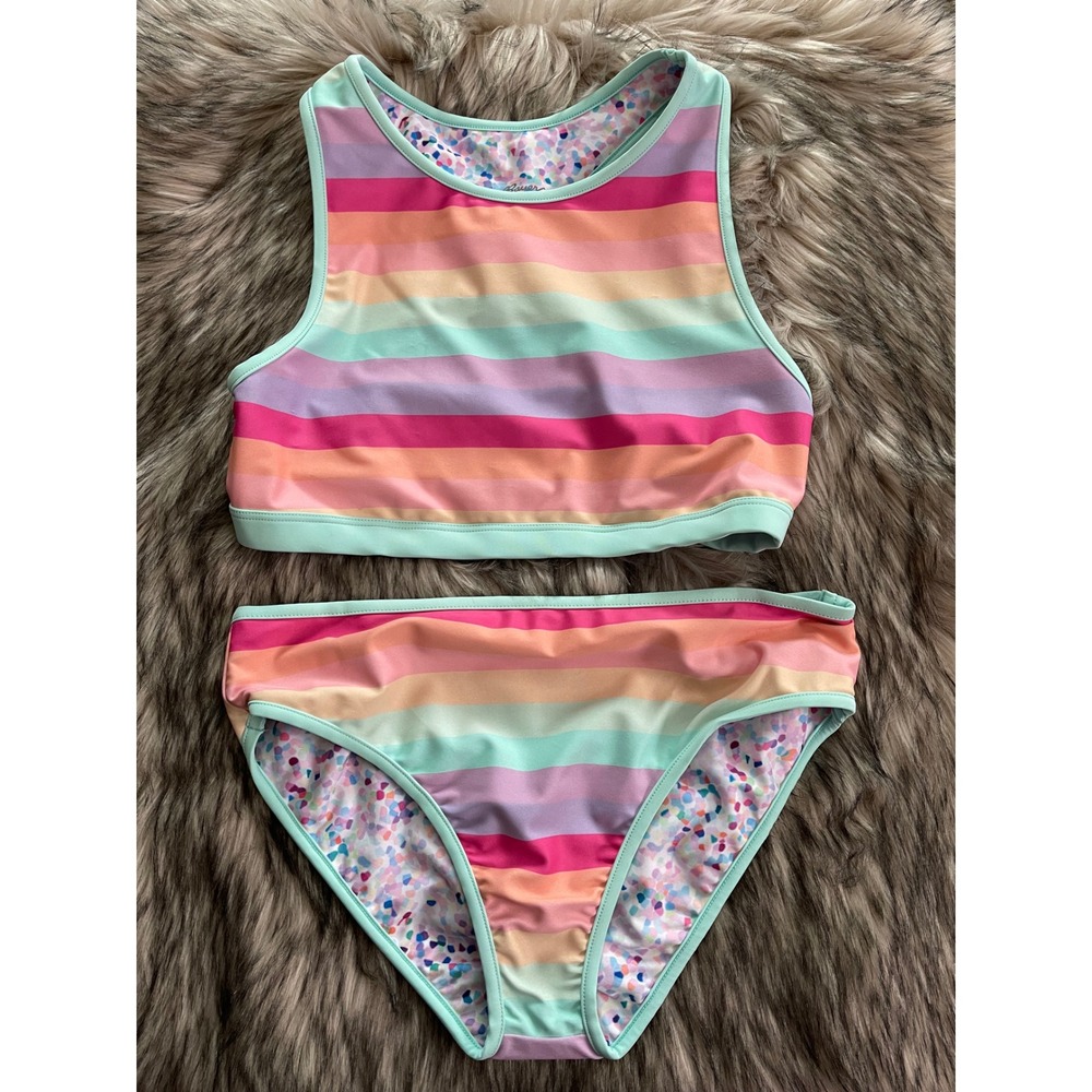 Eddie Bauer Girls' Pastel Rainbow Stripe Reversible Swim Bikini Set Size L 14/16